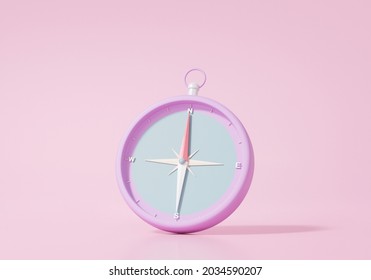 3D render Purple compass icon. direction location map travel navigation concept. website Minimal cartoon style on pink background. illustration