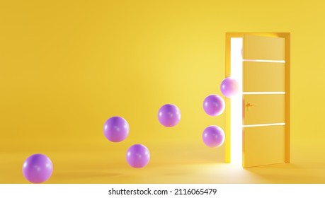 3d Render, Purple Helium Balloons Flying Away Through Open Door. Modern Interior Empty Room With Yellow Wall And Floor, Minimal Concept. Birthday Surprise, Romantic Gift, Festive Decoration For Party