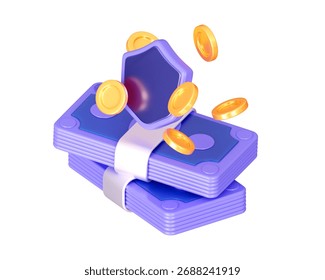 3D render of purple money stack with shield and flying golden coins. Cyber security, data protection, banking safety, anti hacking and financial security concept