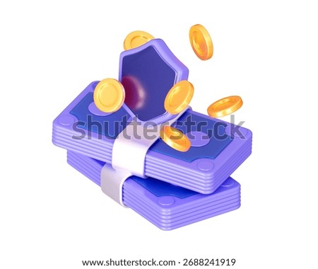 3D render of purple money stack with shield and flying golden coins. Cyber security, data protection, banking safety, anti hacking and financial security concept