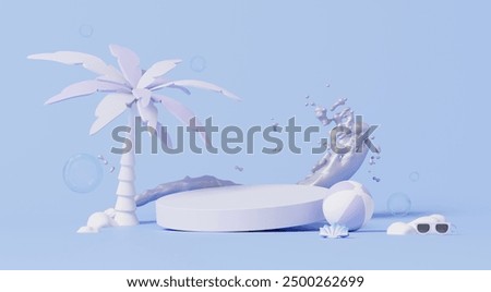 3D render, purple summer concept with empty podium for showing product decorate with summer beach ball, tree and sunglasses on pastel background.