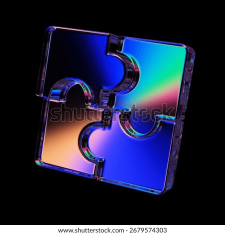 3d render of Puzzle icon, made of glass with dispersion effect. Isolated on black.