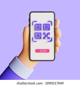 3d render QR Code scanning concept, people scan code using smartphone.  Isolated on purple background