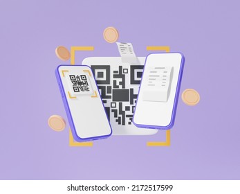 3D Render QR Code Scanning Via Two Mobile Phone With Bill Coin Floating On Purple Background. Pay Money Or Online Payment, Shopping Special Concept. Digital Transaction Financial. Illustration