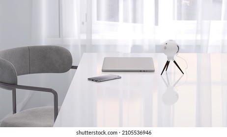 3D Render Realistic Close Up Of A Computer Laptop, External Web Cam And A Smartphone On Working Desk Next To The Window. Work From Home Concept. Video Call, Online Meeting, Mockup, Overlay, Background