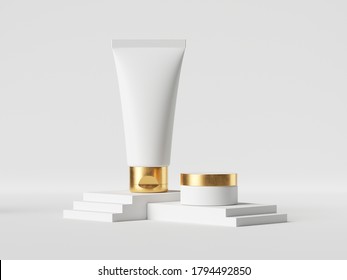 3d Render Realistic Cosmetic Concept, Beauty Product Showcase. Makeup Bottles. White Cream Tube And Jar With Golden Cap Isolated On White Background. Clean Style, Blank Mockup