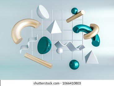 3d render realistic primitives composition. Flying shapes in motion isolated on blue background. Abstract theme for trendy designs. Spheres, torus, tubes, cones in metallic turquoise and gold colors.