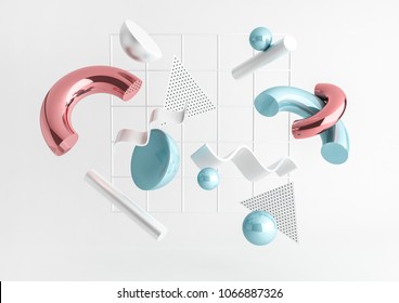 3d render realistic primitives composition. Flying shapes in motion isolated on white background. Abstract theme for trendy designs. Spheres, torus, tubes, cones in metallic blue and pink colors.