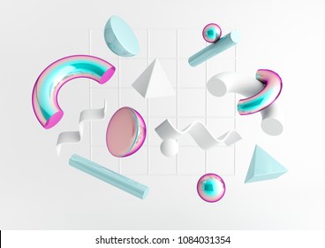 3d render realistic primitives composition. Flying shapes in motion isolated on white background. Abstract theme for trendy designs. Spheres, torus, tubes, cones in white and holographic colors.