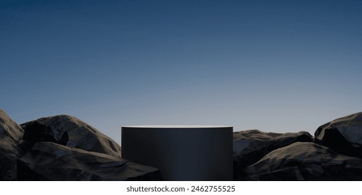 3D render realistic stone and podium background, light silhouette, sunset for product presentation. 3D rendering , Illustration. - Powered by Shutterstock