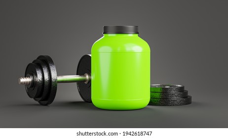 3d Render Of Realistic Whey Protein Bottle With Dumbbell For Your Products