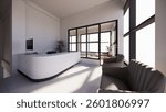 3d render of the reception area of a yoga studio with two armchairs and a big window in front of the receptionist