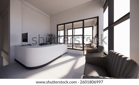 3d render of the reception area of a yoga studio with two armchairs and a big window in front of the receptionist's table