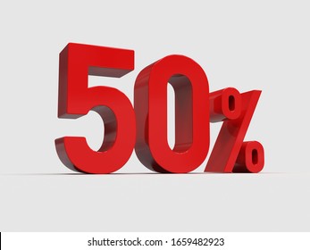 3d Render: Red 50% Percent Discount 3d Sign on Light Background, Special Offer 50% Discount Tag, Sale Up to 50 Percent Off, Fifty Percent Letters Sale Symbol, Special Offer Label, Sticker, Tag
