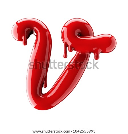 3D render of red alphabet make from nail polish. Handwritten cursive letter V. Isolated on white background
