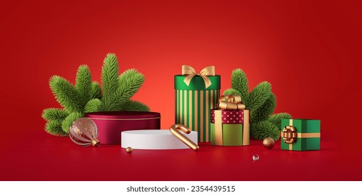 3d render, red background with empty podiums, green spruce, gift boxes and Christmas ornaments. Festive showcase for products presentation