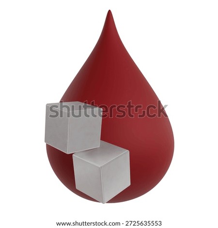 3D render of a red blood drop with sugar cubes, symbolizing high blood glucose levels, diabetes risk, and medical health awareness regarding sugar consumption