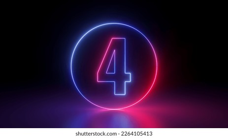 3d render, red blue neon number four inside the round linear frame glowing in the dark, isolated on black background