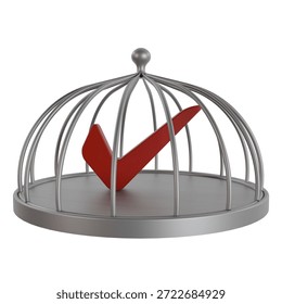 3D render of a red checkmark trapped inside a silver metal cage, symbolizing censorship, restricted truth, and the limitation of facts or freedom of speech