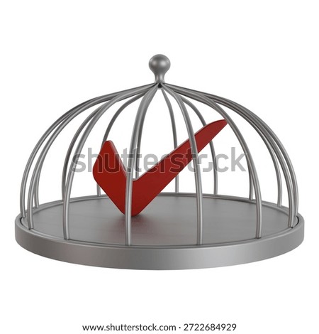 3D render of a red checkmark trapped inside a silver metal cage, symbolizing censorship, restricted truth, and the limitation of facts or freedom of speech