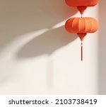 3D render of red chinese tradition lanterns a symbol of wealthy and good luck for chinese new year celebration hanging on an empty wall with sunlight and beautiful shadow. Copy space, Background.