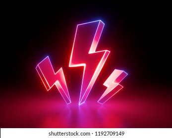 3d render, red flash lightnings, electric power symbol, retro neon glowing sign isolated on black background, ultraviolet light, electric lamp, electricity icon, fluorescent element