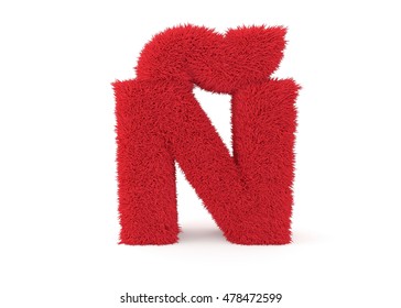 3d Render Red Furry Letter Spanish N On A White Background. 