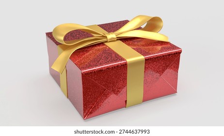 3d render of a red glitter gift box with elegant gold ribbon isolated on white background festive celebration concept luxury present packaging mockup for holiday or special occasion
