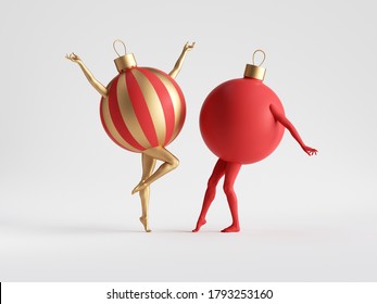 3d Render. Red Gold Christmas Ball Ornaments With Mannequin Legs Dance. Abstract Colorful Seasonal Clip Art Isolated On White Background. Funny Cartoon Characters.