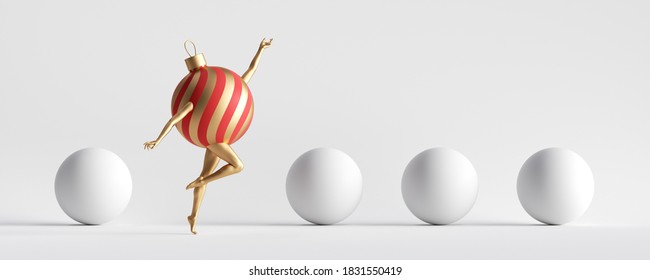 3d Render. Red Gold Christmas Ball Ornament, Cartoon Character With Legs Jumps In The Row Of Blank Balls. One Of A Kind Concept. Minimal Seasonal Clip Art Isolated On White Background. Unique Toy