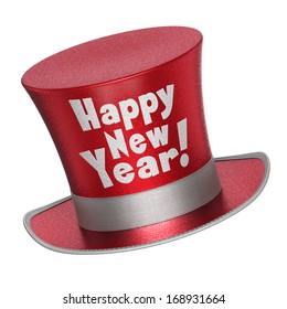 3D render of a red Happy New Year top hat with shiny metallic flakes style surface - isolated on white background