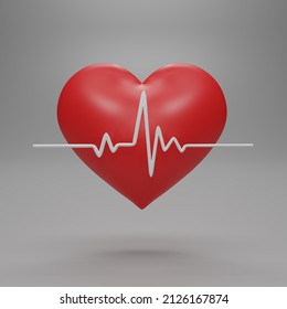 3D Render Red Heart With White Pulse Line Icon For Design. Heart Pulse. Heartbeat Lone, Cardiogram. Healthy Lifestyle, Cardiac Assistance, Pulse Beat Measure, Medical Healthcare Concept. 3d Rendering.