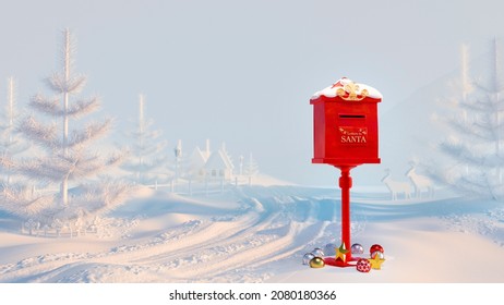 3D Render Of Red Mailbox For Letters To Santa Claus And Decorative Christmas Balls. Snowy Rural Landscape Scene With Village, Pine Trees And Reindeers In Background.