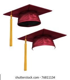 3D Render Of Red (mallow) Graduation Cap With Gold Tassel Isolated On White Background