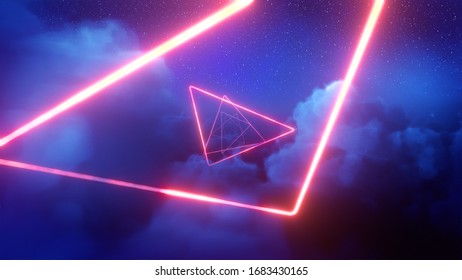 3d Render Of Red Neon Triangles In Blue Clouds