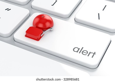 3d render of red retro alarm on the computer keyboard. Danger alert concept