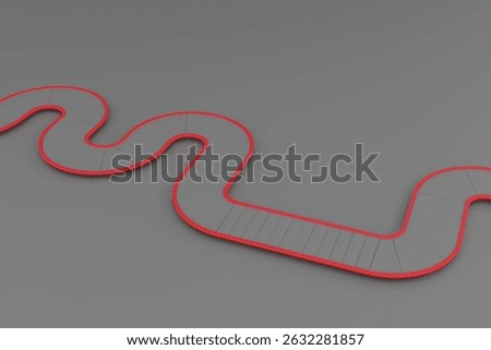 3d render, red road, curved path, abstract design, gray background, planning concept, strategic journey, winding direction, business roadmap, minimal layout.