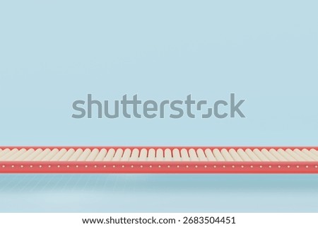 3D render of red roller conveyor with white rollers on blue background. Industrial equipment for warehouse, logistics, factory production line and modern material handling system.