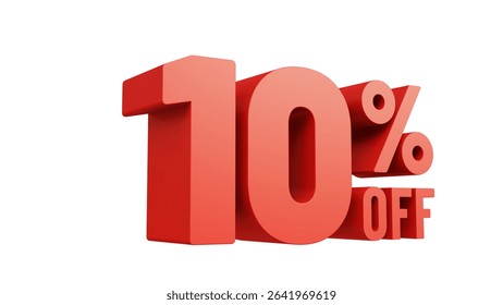 3D render red text 10 percent off isolated on white background. Off 10 percent. Sale, bonus, promotion or discount concept. Sale banner.