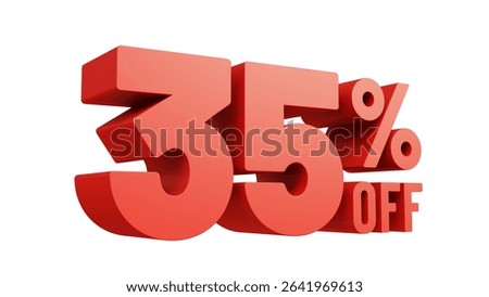 3D render red text 35 percent off isolated on white background. Off 35 percent. Sale, bonus, promotion or discount concept. Sale banner.