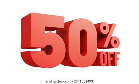 3D render red text 50 percent off isolated on white background. Off 50 percent. Sale, bonus, promotion or discount concept. Sale banner.