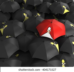 3d render Red umbrella stand out from the crowd of many black and white umbrellas. Business, leader concept, being different concepts