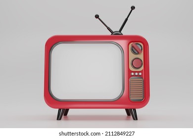 3D Render Red Vintage Television Cartoon Style Isolate On White Background. Minimal Retro TV. Analog Television With Copy Space.  Old TV Set With Antenna. 3d Rendering Illustration.