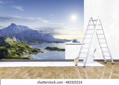 3d Render Of Redecorate A Room With A Photo Mural Nature Scenery