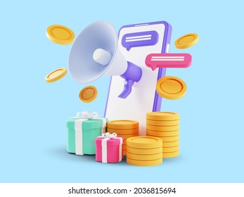 3d Render Of Refer A Friend Concept, People Share Info About Referral And Earn Money. Isolated On Blue Background