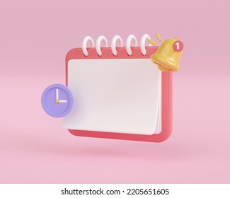 3d render reminder in calendar with notification bell. business paper planning with clock. office work meeting and deadline. 3d rendering illustration cartoon minimal style. events project management.