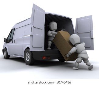 3D Render Of Removal Men Loading A Van