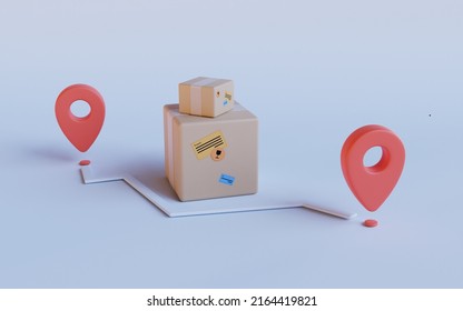 3D render, rendering. Volumetric illustration of the parcel. Cardboard box with address stickers. Local delivery, point. 