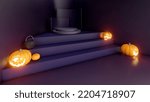 3d render, 3d representation, purple and black podium and minimal abstract background for Halloween,, 3d rendering geometric shape, Stage for awards on website in modern.