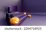 3d render, 3d representation, purple and black podium and minimal abstract background for Halloween,, 3d rendering geometric shape, Stage for awards on website in modern.